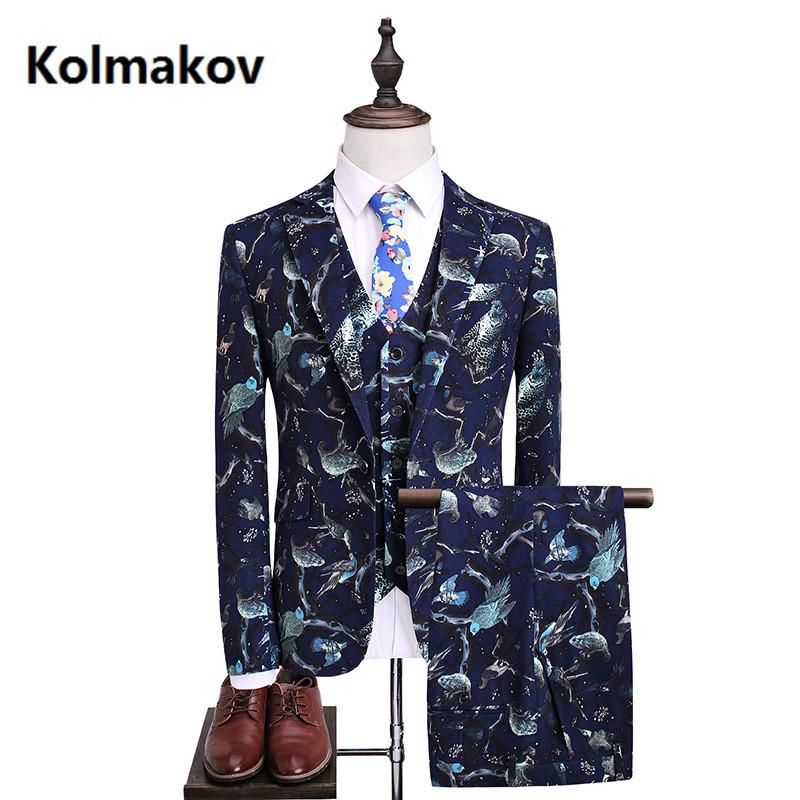 

Jacket+Vest+Pants)2020 Men' Clothing printing Suits Business Slim Casual Men Suit casual slim fit prom party man wedding suits, Blue