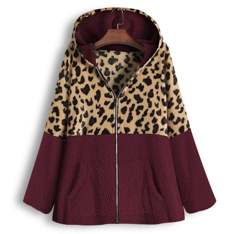 

Women Zipper Leopard Patchwork Coat Pocket Fleece Hooded Pullover Tops autumn fashion warm zipper NEW 2020 hot outwear plus size, Black