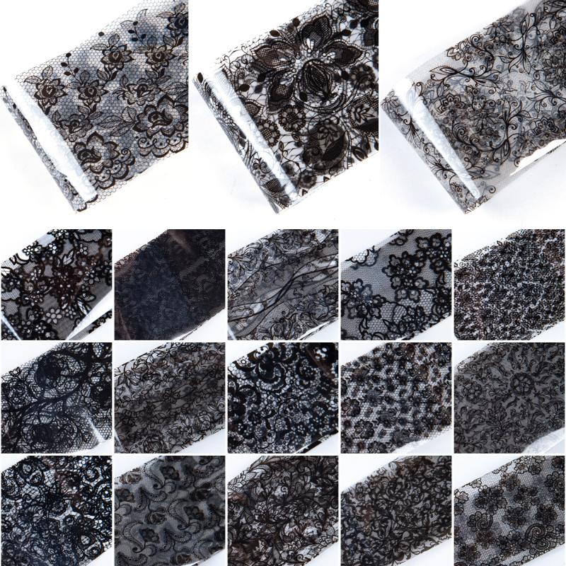 

18 PCS/Lot Transfer Foil Stickers for Nails Black Flowers Lace Nail Slider Decals Adhesive Manicure Sicker for Nail Art Designs, 1859