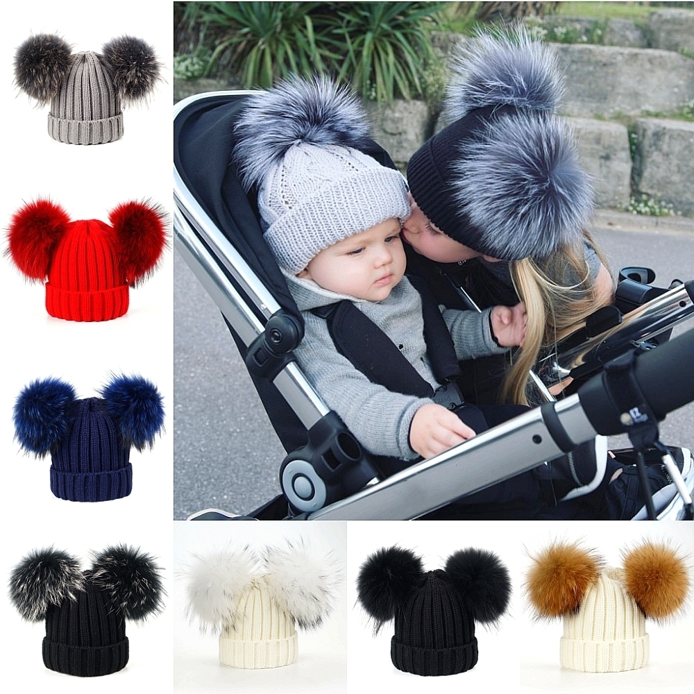 

LAURASHOW Winter Real Fur Ball Beanie Hat For Women Kids Baby Fluffy Raccoon Fur Pom Poms Skullies Beanies Y200110, As picture adult