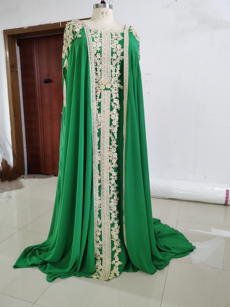 

Elegant Moroccan Kaftan Green Evening Dresses Embroidery Lace Appliques Long Evening Gowns Beads Arabic Long Party Prom Dress Plus Size, Silver
