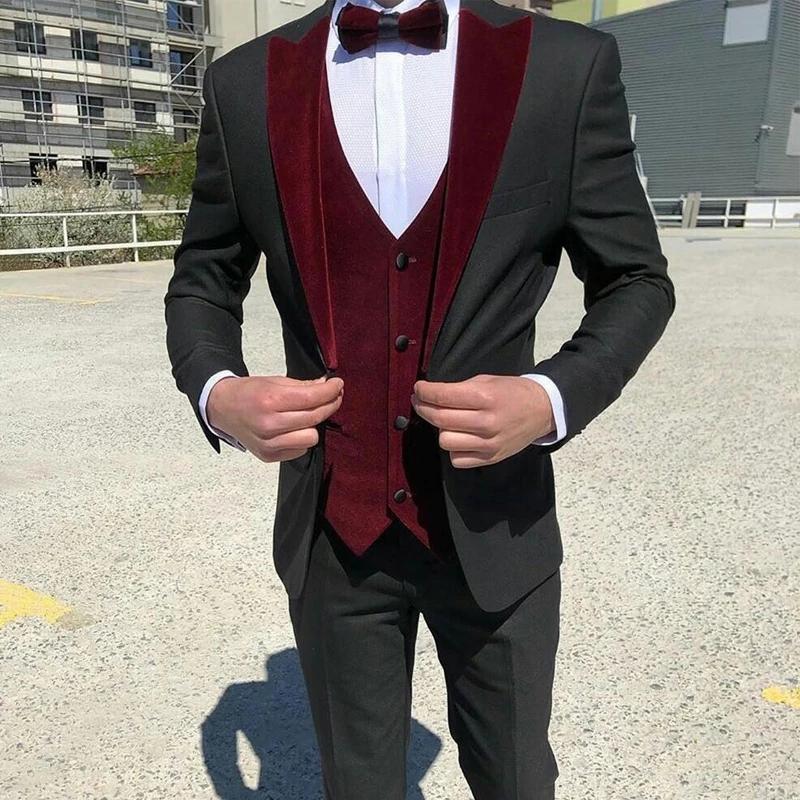 

Black Men Suits Burgundy Velvet Vest Costume Homme Slim Fit Prom Terno Masculino Blazer Groom Wear 3 Pcs (Jacket+Pant+Vest, Beige