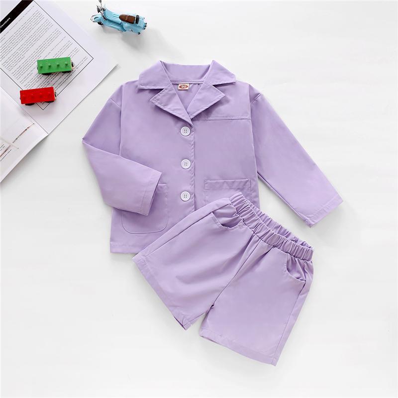 

2020 Toddler Kid Girls 2 Pcs Blazer Outfits Purple Lapel Buttons Blazer Coat + Short Pant Suits Sets Outfits1, As pic