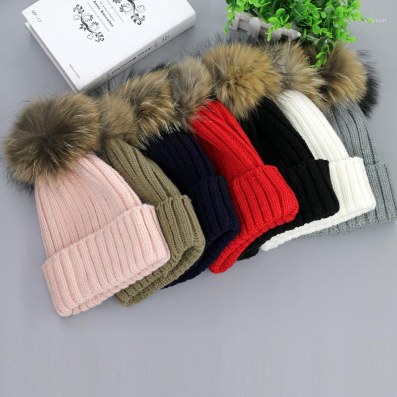

Genuine Raccoon ball cap pom poms winter hat for women girl 's Ski hat knitted cotton beanies cap brand new thick female1, White