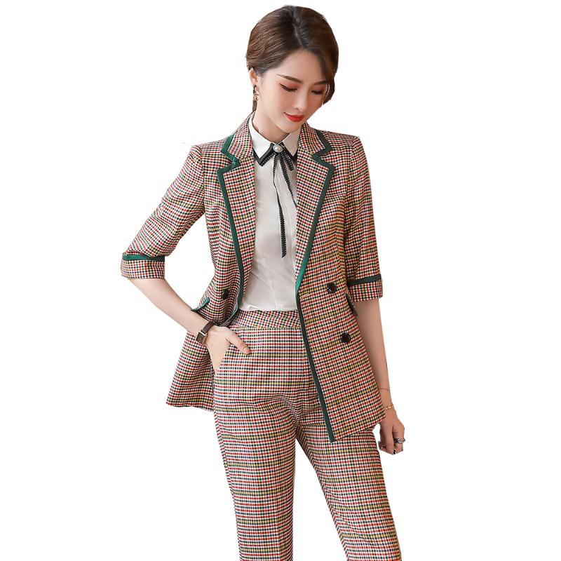 

Fashion Women Ladies Blue Red Plaid Pant Suit -5XL Korean Design Business 2 Piece Set, Red 2 piece set