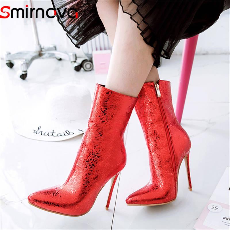 

Smirnova plus size 33-48 fashion spring autumn shoes woman pointed toe super high heels ankle boots women sexy prom boots, Silver
