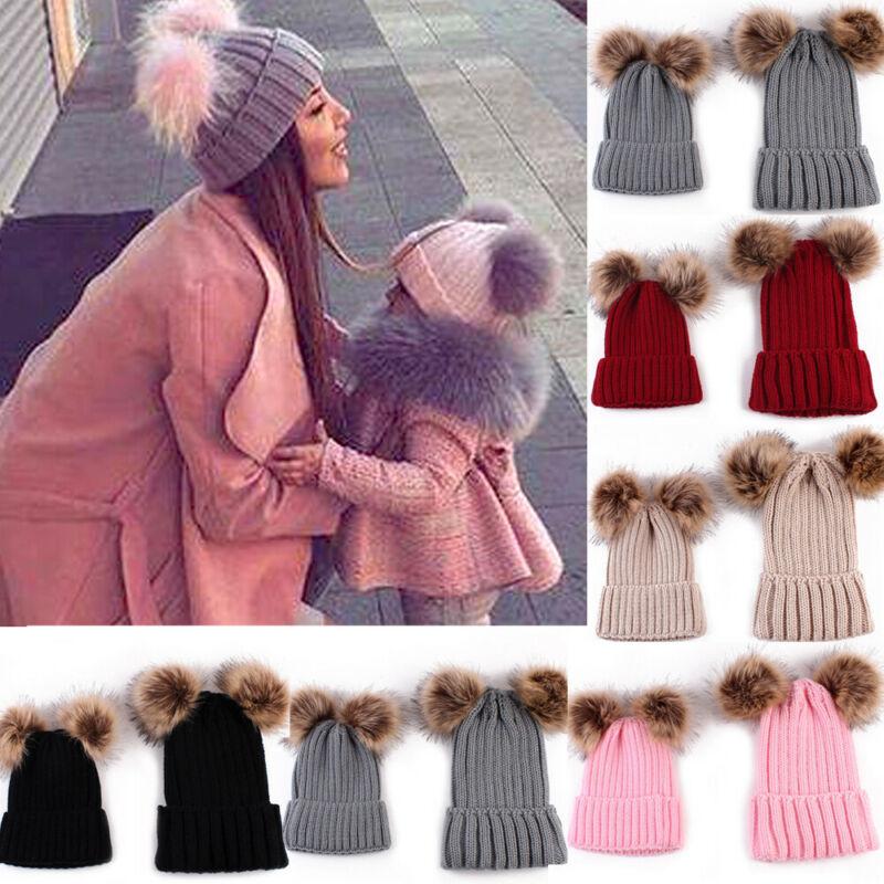 

Hot Selling Kids Baby Boy Girl & Mom Winter Knit Warm Soft Beanie Hat Hairball Cap for Adult Children Family Matching Caps Hats