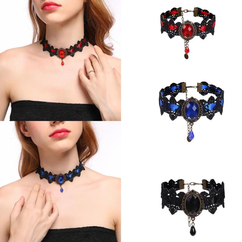 

Retro Punk Gothic Rhinestone Pendants Necklace Lace Tattoo Choker for Women Female