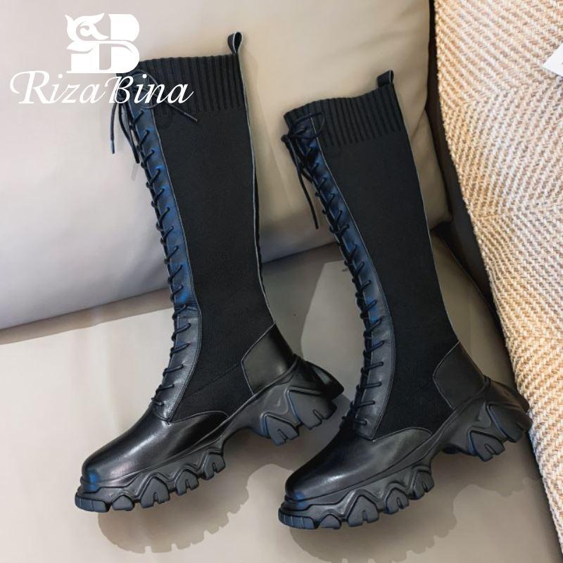 

RIZABINA Women Knee High Boots Lace Up Flats Trifle Shoes Cross Strap Round Toe Warm Boots Fashion Party Footwear Size 34-391, Black