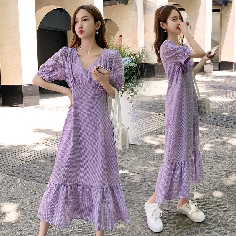 

9973# Maternity Clothes Summer v-neck Short Sleeve Easy Matching Loose Stylish Dress for Pregnant Women Mom Dress1, Grid