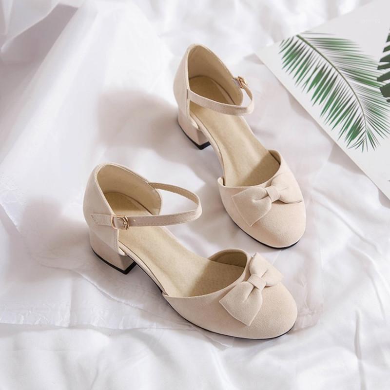 

New 2021 Ladies Summer Sandals For Women Girls Mid Block Heel Flock Round Toe Buckle Strap Bow Cute Beige Casual Sandals Shoes1