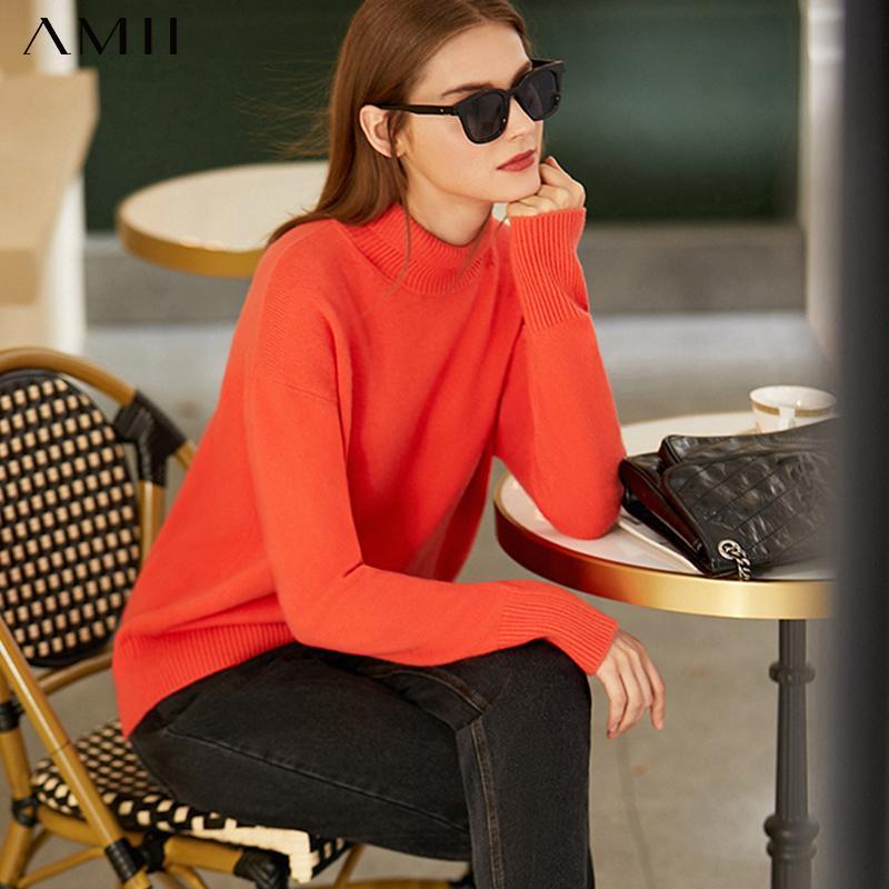 

Amii Minimalism Winter Fashion Sweater For Women Causal 100%wool Women's Turtleneck Sweater Causal Solid Loose Pullover 12070635, Beige