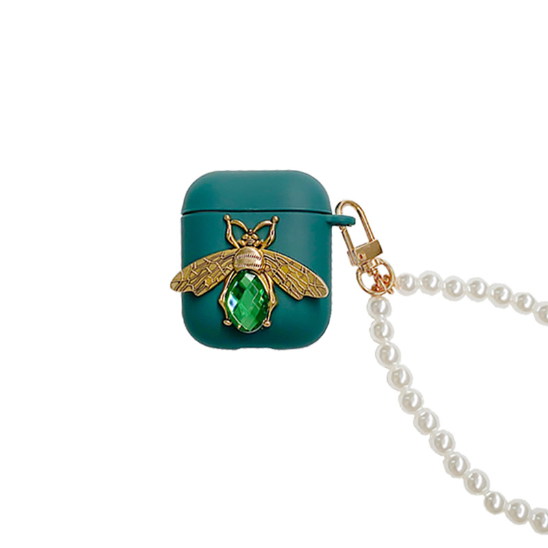 

Cute lovely animal bee diamond crystal stylish tpu cover case for airpods 1 2 pro with pearl strap