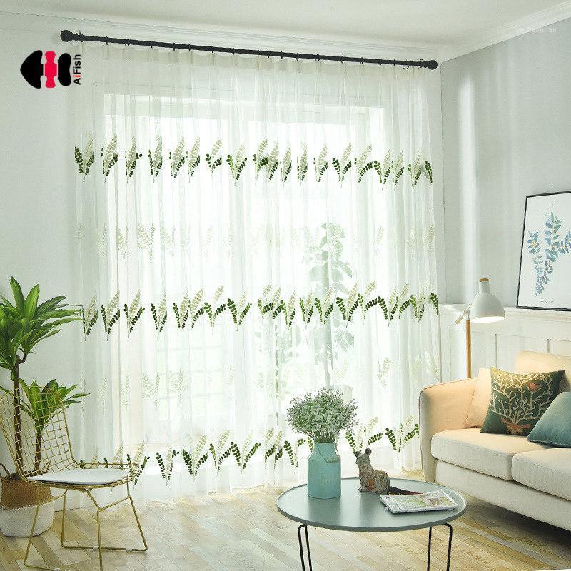 

Modern Rustic Plant Rice Towel Embroidered Curtain Nets Cotton Wedding Bedroom Bay French Drapes Gauze WP153C1, Green