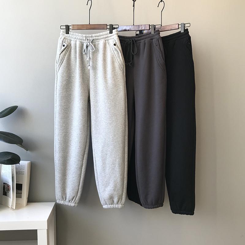 

Yeeloca Winter New Style Plush Thickened Sports Pants Female Casual Solid High Waist Trousers Korean Loose Warm Drawstring Pants, Black