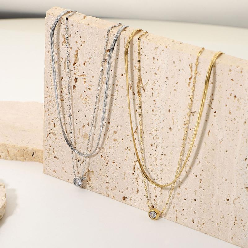 

Pendant Necklaces 1 Piece 2022 Stainless Steel Multilayer Necklace 18K Real Gold Plated White Zircon Round Women Temperament Jewelry 38cm