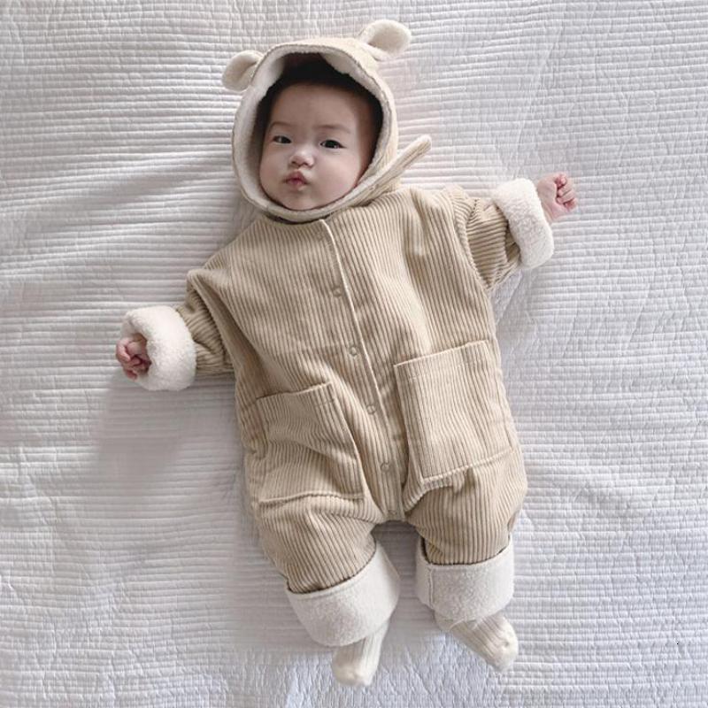 

2021 New Winter Boys Jumpsuits Corduroy Infant Girls Rompers Outfits Thicken Lining Baby Snowsuit with Hat Hg98, Green