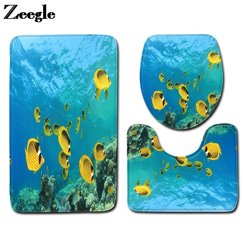 

Underwater World Print Bath Mat in the Bathroom HomeDecoration Carpet Set for Toilet Seat Cushion Waterproof Anti-slip Foot Rug