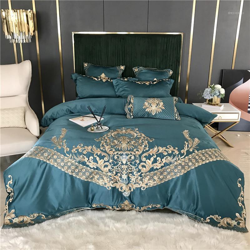 

Green Luxury Exquisite Gold Royal Embroidery 60S Satin Silk Cotton Sheet Set Pillowcases Duvet Bedding Linen Fitted Cover Bed1