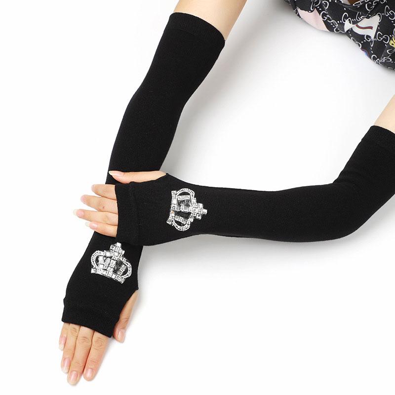 

Women Rhinestone Long Thin Fingerless Winter Gloves Knit Diamond Half FingerTouch Screen Gloves Warm Black Driving Mittens