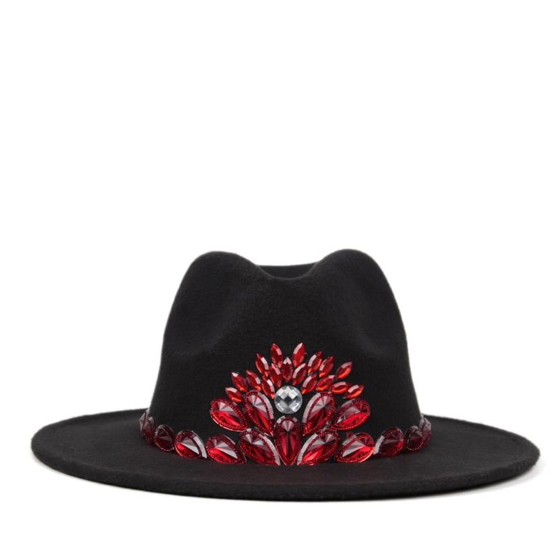 

Fashion Women Handmade Punk Fedora Hat Acrylic Flower Wide Brim Jazz Cap Winter Panama Triby Felt Hat 2 Size, Black aqh