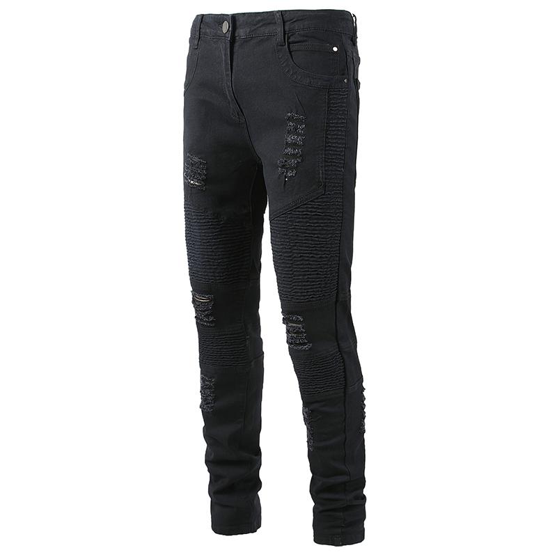

New European and American denim hole street fashion brand stretch slim straight men's motorcycle jeans pure frayed, Black