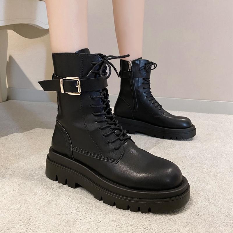 

Boots Women High Quality Zipper Metal Boots Buckle Thick Rubber Outsole Lace-up Round Toe Black Brown Platform Flat Shoes