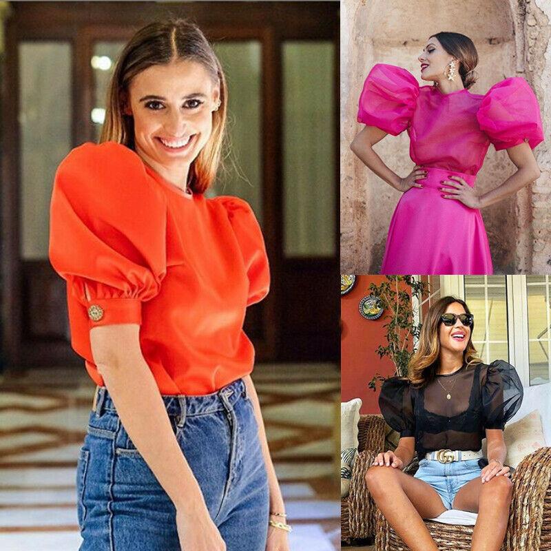 

Women Mesh Puff Short Sheer Sleeve Tops Pullover Blouse Shirts Casual Party Club Ladies Sexy Slim Fit Shirt Blouse Shirt