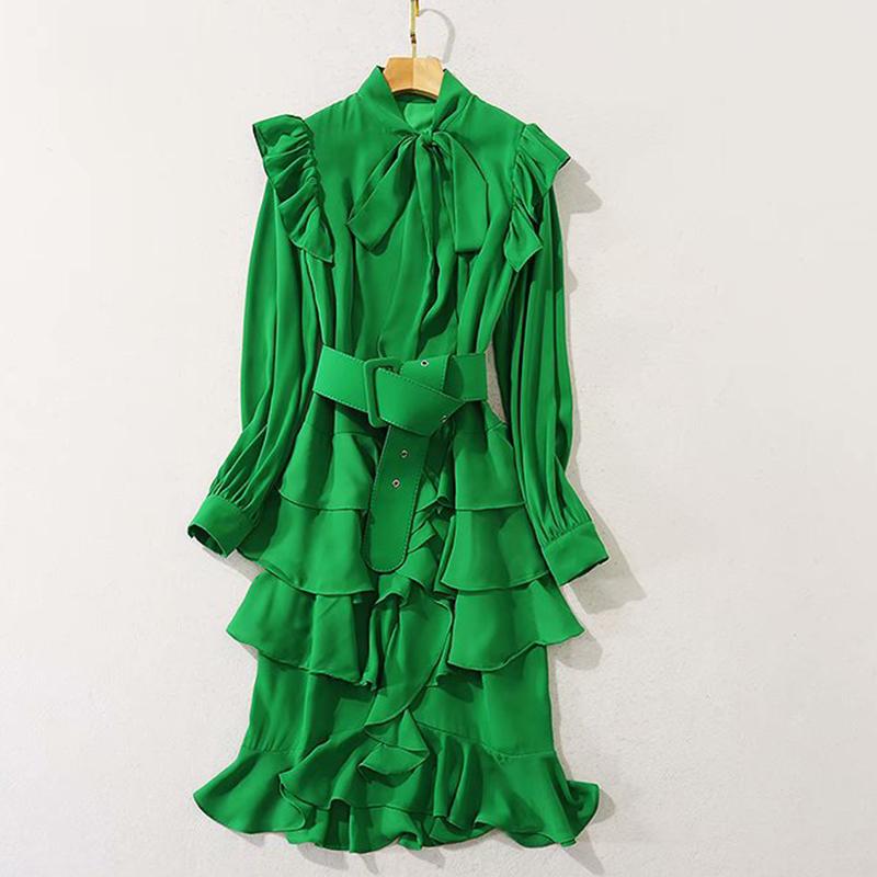 

HIGH QUALITY Newest Fashion 2020 Runway Dress Women' Bow collar Long Sleeve Sashes Ruffles dress, As pic