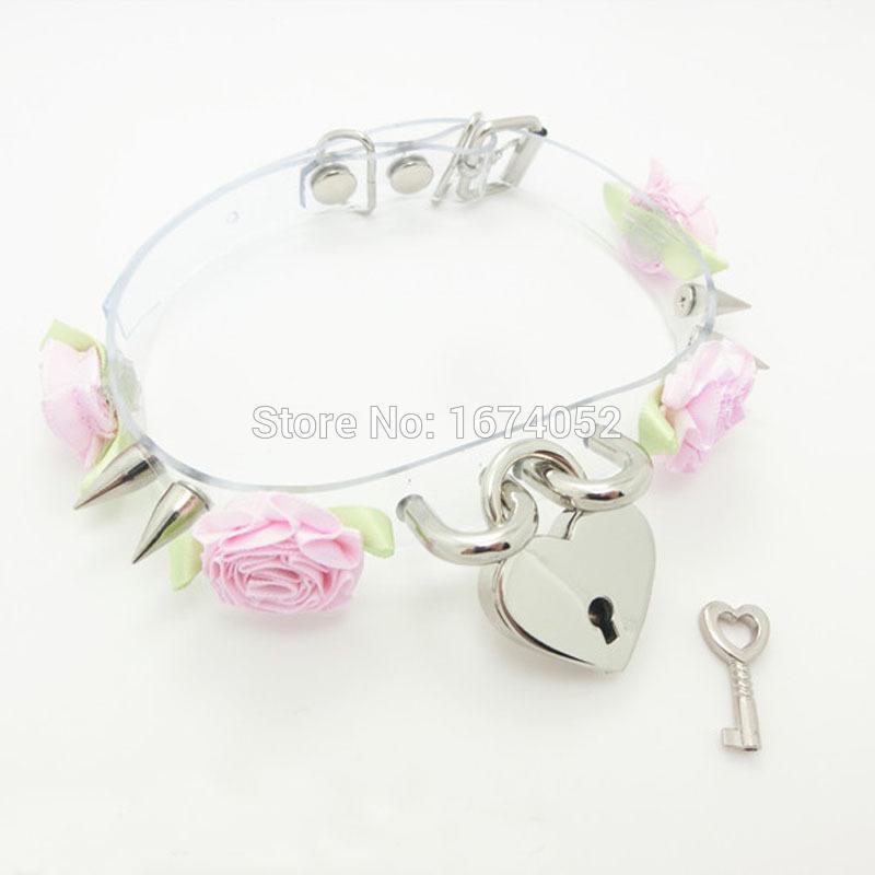 

Kawaii Lolita Punk Gothic Girl Handmade Clear Vinyl Transparent Double Spikes Rose Flowers Choker Heart Lock Collar Necklace1