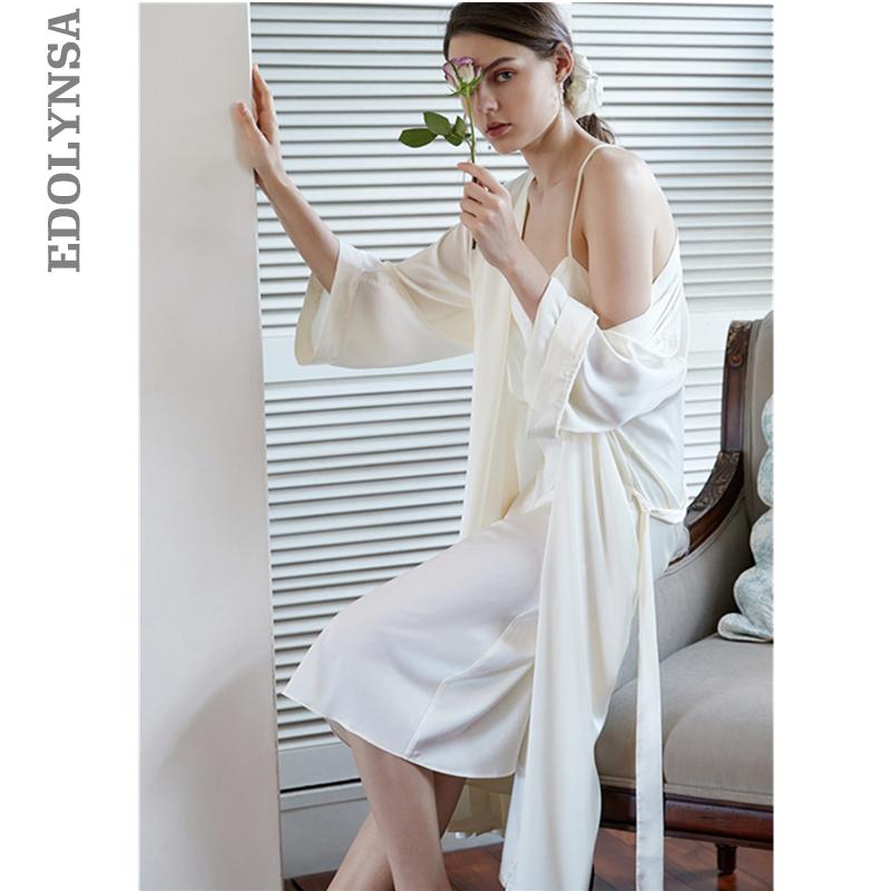 

Robe Set Two Pieces Spaghetti Strap Deep V Neck White Cotton Sleepwear Lace Bathrobe Set Luxury Nightgown Long Negligee T942