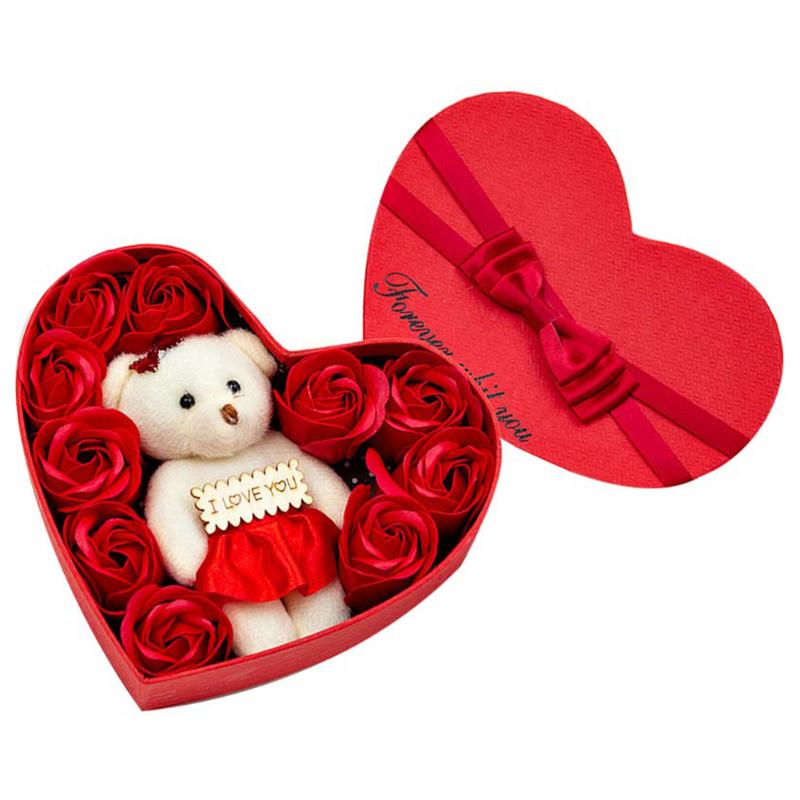 

Heart-Shaped 10pcs Soap Rose Flowers Bear Gift Box Xmas Birthday Valentine Romantic Wedding Party Flower Petals Decor Valentine, As pic