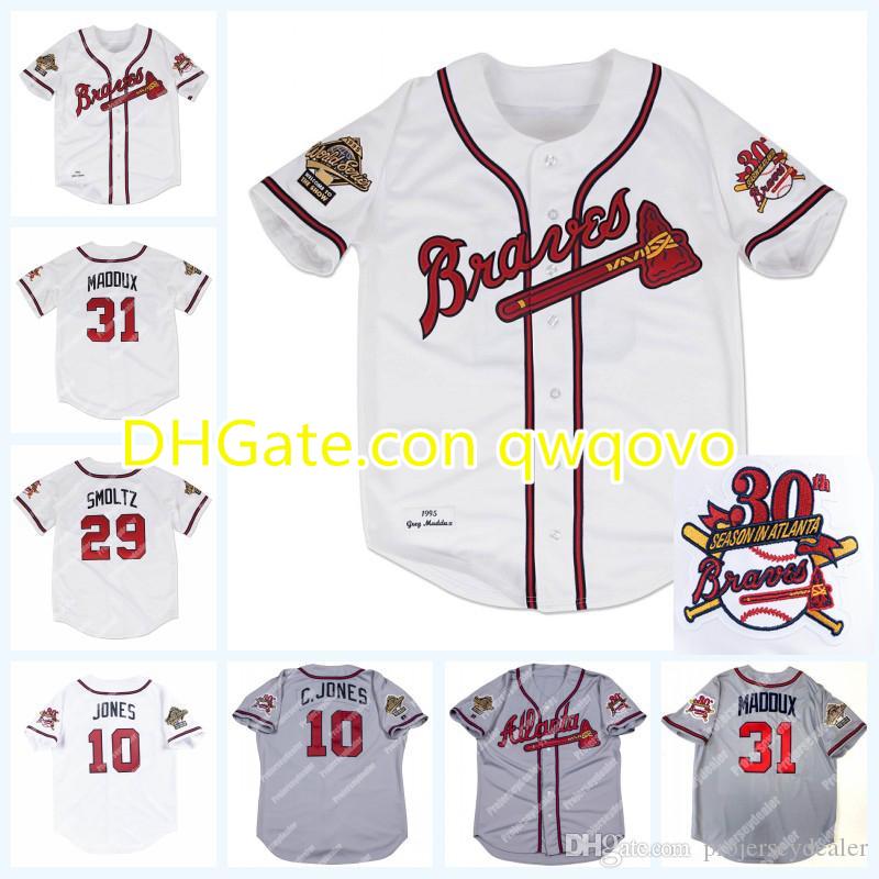 

31 Maddux 1995 Wrold Series 30 Seasons 29 JohnSmoltz 10 ChipperJones 20 Mark Lemke 27 FredMcGriff Baseball Jerseys, Blue;black