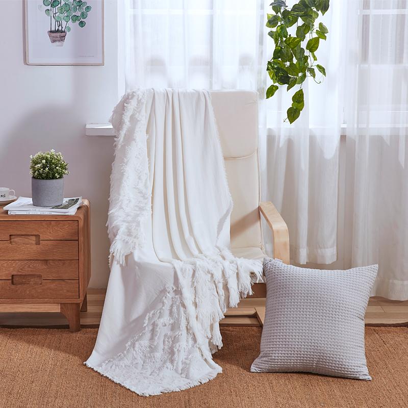 

PHF Cotton Bed Throw Blanket Jacquard With Tassel Knitted Blanket White Blue Pink Decor Sofa Shawl For Home Nordic Bedspread