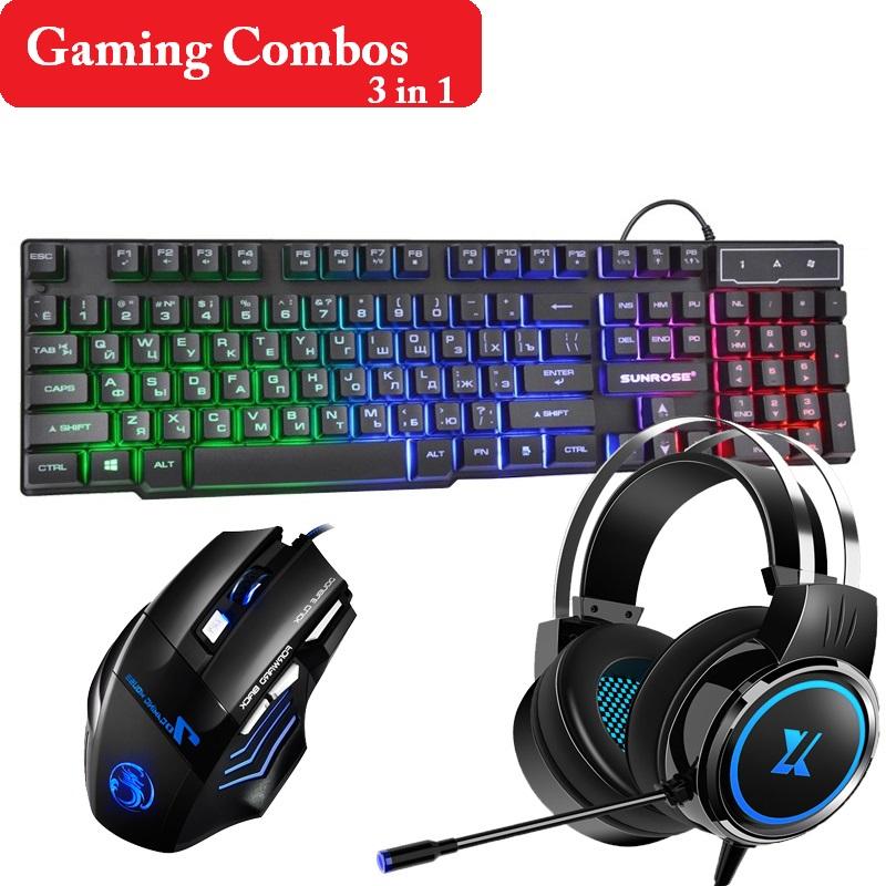 

3 in 1 Gaming Sets 104 Keys English Russian Layout Membrane Keyboard 2400DPI Wired Mouse Desktop Headset Microphone
