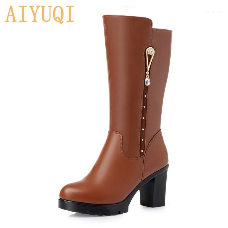 

AIYUQI Women Boots Genuine Leather 2020 New Women Winter Boots Waterproof Platform Fashion Wool Warm Shiny Riding1, Brown fluff
