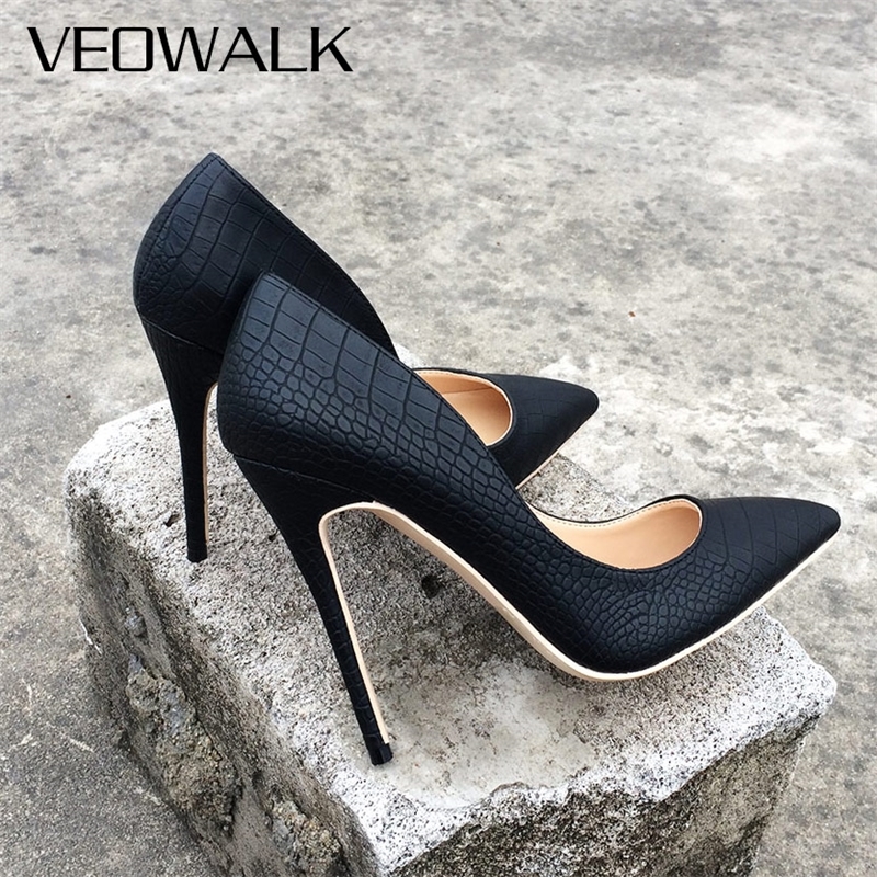 

Veowalk Brand Italy Style Women Classic Stiletto High Heels Ladies Sexy Sanke Patern Pointed Toe Pumps Comfort Dress Shoes Black 210204, Black 12cm heel