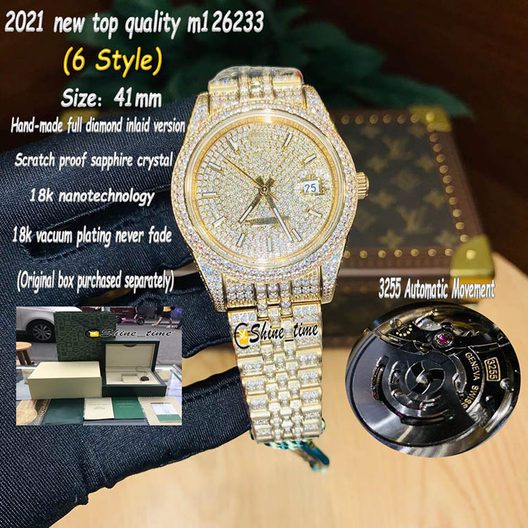 

New Top Quality Hand-made full diamond inlaid version 18k vacuum plating Never Fade Case m126234 Mens Watch 3255 Automatic Watches 126233, Slivery;brown