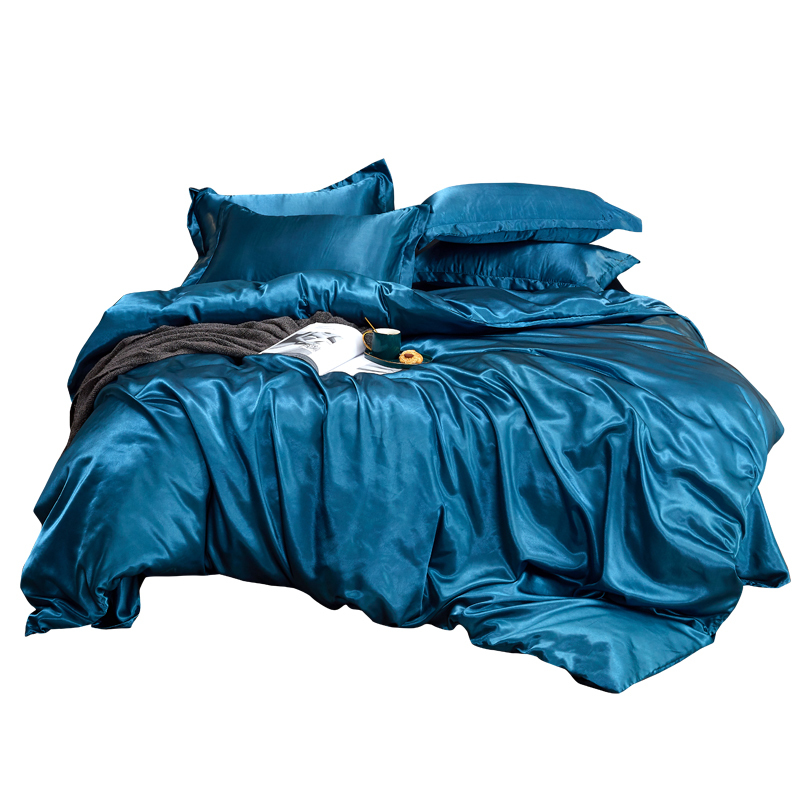 

Home Textile 100% Pure Silk Bedding Set With Duvet Cover Bed Sheet Pillowcase Luxury King Queen  Size Solid Satin Bed Linen 201127, Dark blue