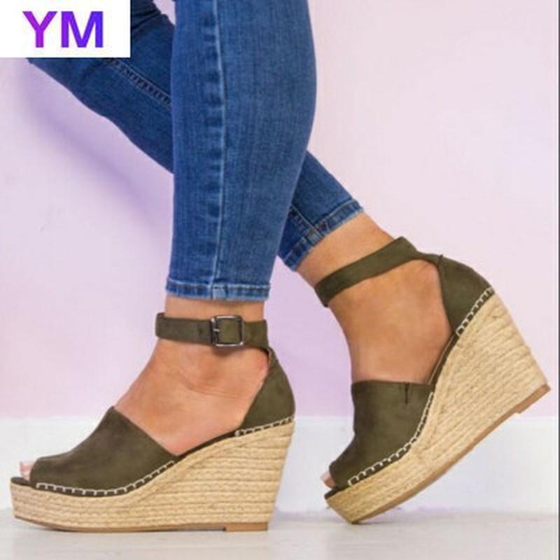 

New Style Women Sandals Comfortable Open Peep Toe Women Shoes Fashion Buckle Strap Wedges Sandals Solid Color Outdoor, Black