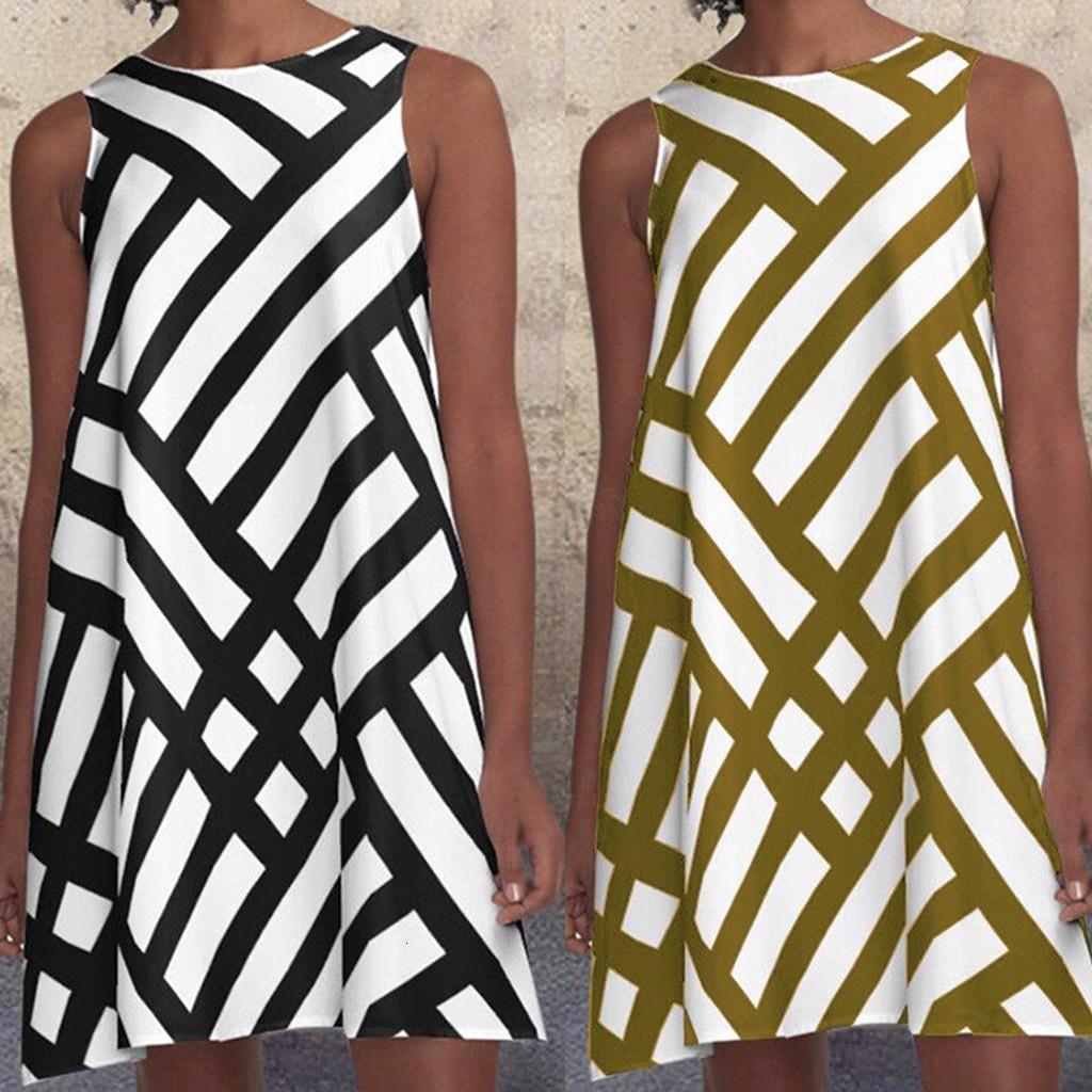 

#h40 fashion striped geometric print women's dress o neck sleeveless pattern print a-line dress women beach party dresses, Black;gray