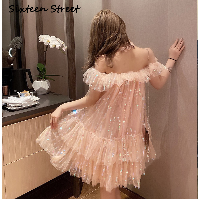 

2021 New Summer Woman in Pink Leotard Sequins Bling Sweet Mini Halter Casual Collar Loose Dress Women's Ball X61p