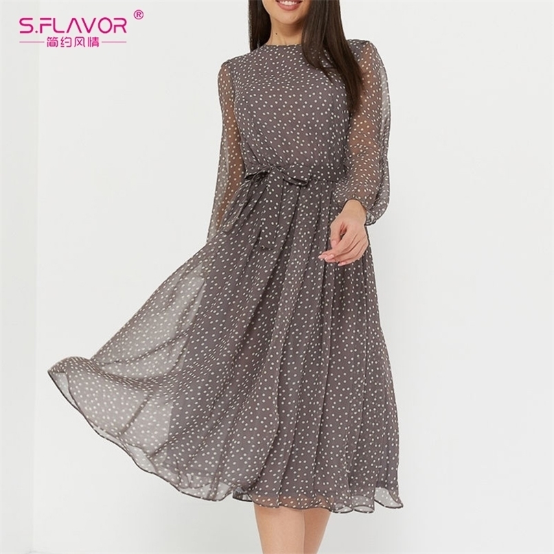 

S.FLAVOR Elegant Dot Print Long Sleeve Polka Dress O Neck Chiffon A Line Women Casual Dress Vintage Midi Vestidos De 220209, Black