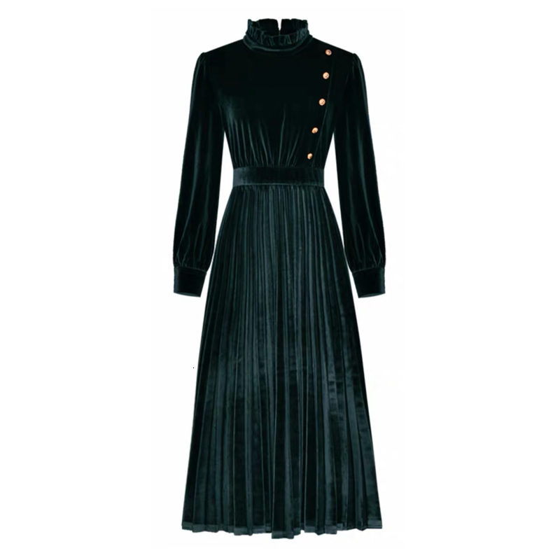 

2021 New Fashion Runway Midi Long Vintage Elegant Button Pleated Veet Party Es Lady Work Vestido Plus 2xl 6b4z, Dark green
