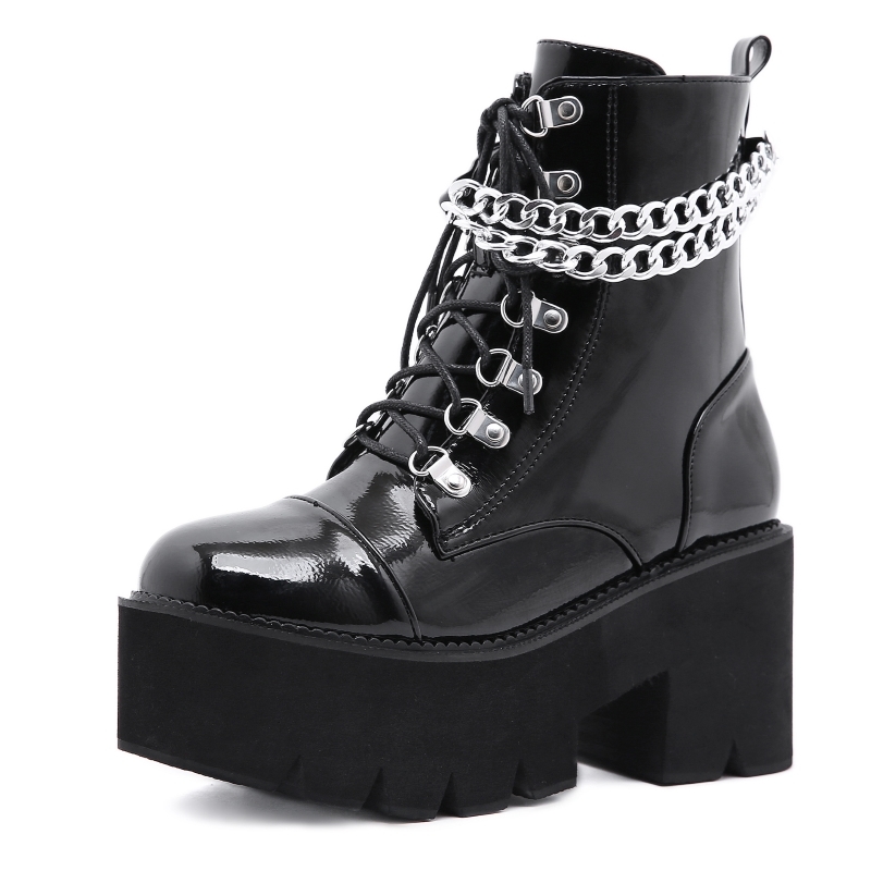 

Women's ankle shoes European and American chains soles to prove dthick water platform thick boots with high heels G46S, Black