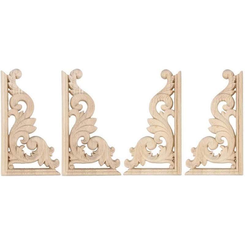 

European Floral Craft Wood Carved Corner Onlay Applique Door Cabinet Unpainted Home Furniture Decorations