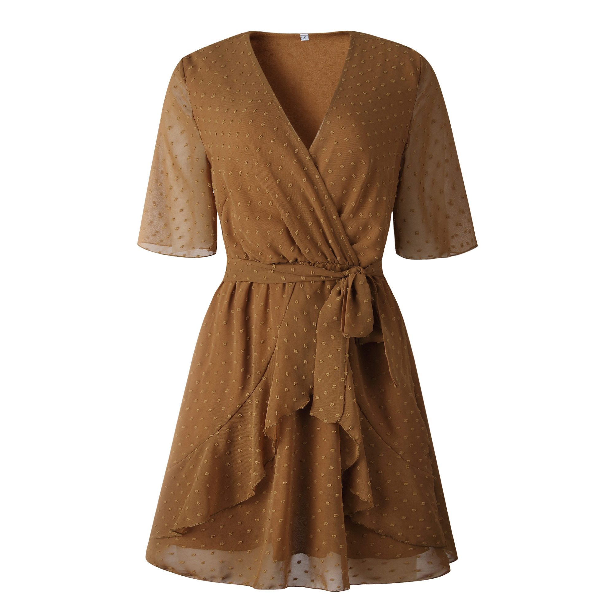 

2021 New Female v Neck Cross Belt Lace to Jagged Frown Pure Fashion Big Sleeve Short Summer Dress Line 9OSZ, Burgundy