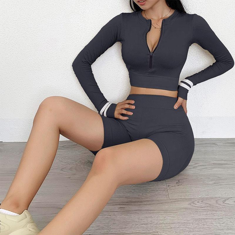 

Women Sport Set Outfit Fitness Gym Set Sportwear Clothing Long Sleeve Crop Top Short Leggins Mujer 2PCS Seamless Yoga Suit1, Brown