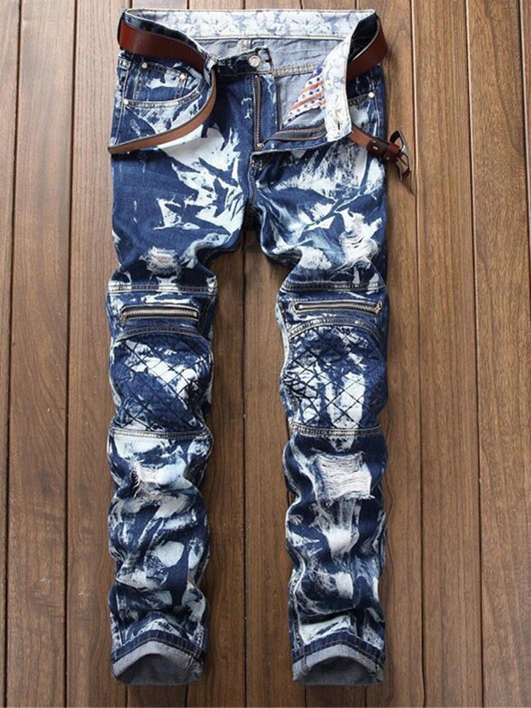 

2021 New Men's Fashion Blue Floral Jeans Pleated Snow Zipper Motorcycle Beauty Pants 28-38 Stretch Size 8ui4, Black 5646 picture