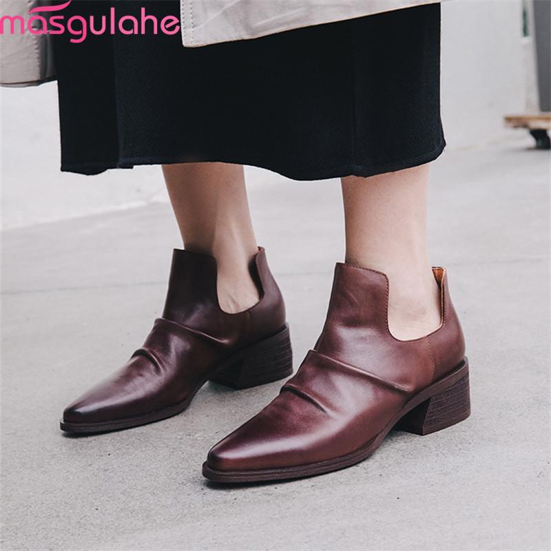 

Masgulahe 2020 new arrival women ankle boots genuine leather shoes square heels punk summer boots Retro casual shoes woman, Black